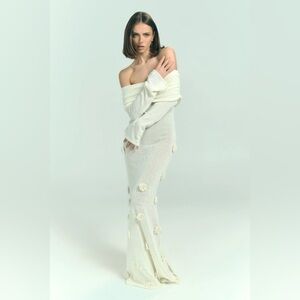 Elegant Off-Shoulder White Gown with Floral Accents